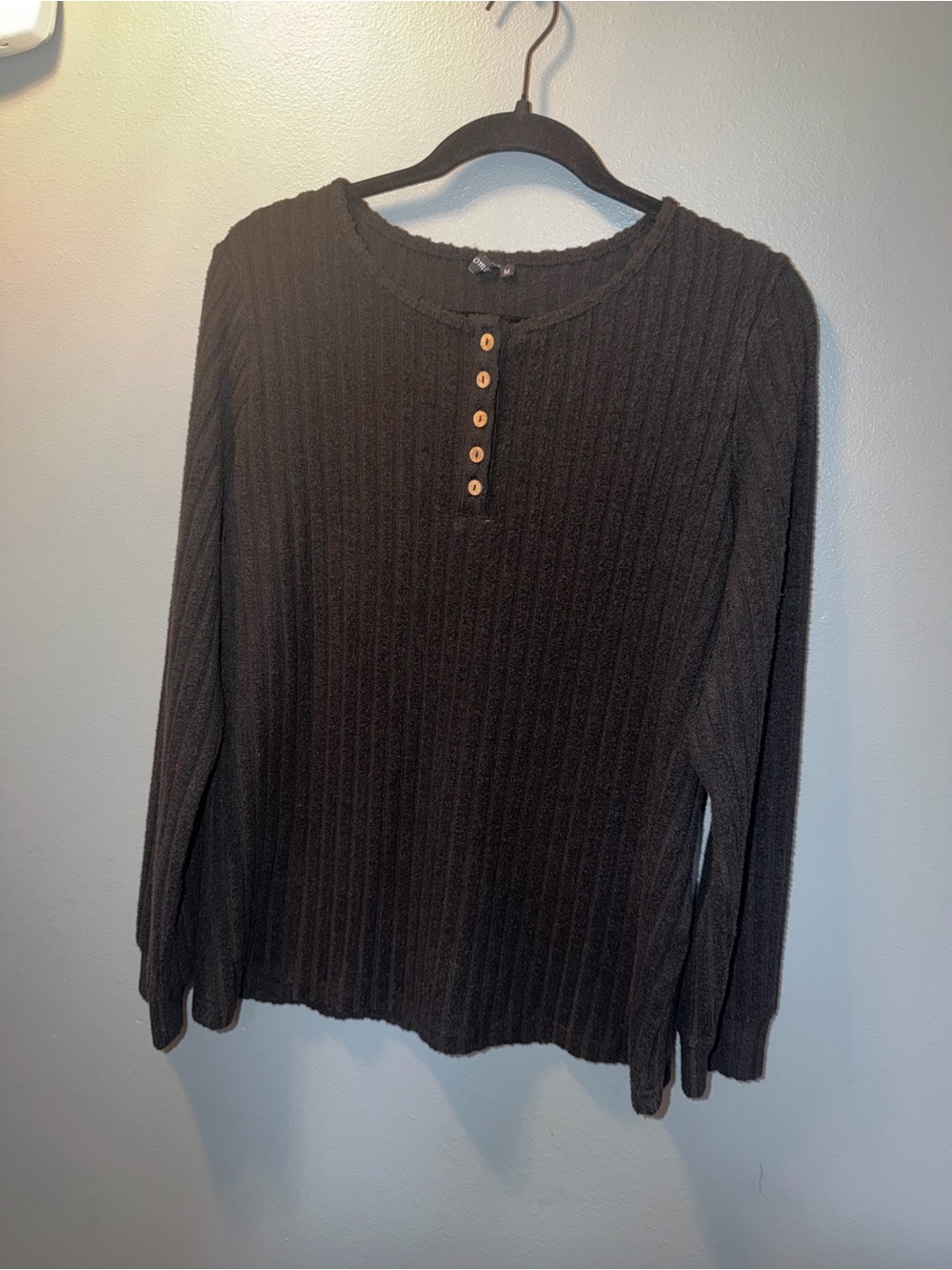 Women's Black Ribbed Henley Sweater with Button Placket
